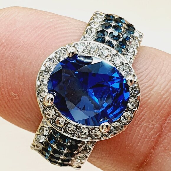 💍 Royal Blue Oval Zircon Multi Row Elegant Silver Trendy Rings for Women… - Picture 9 of 10